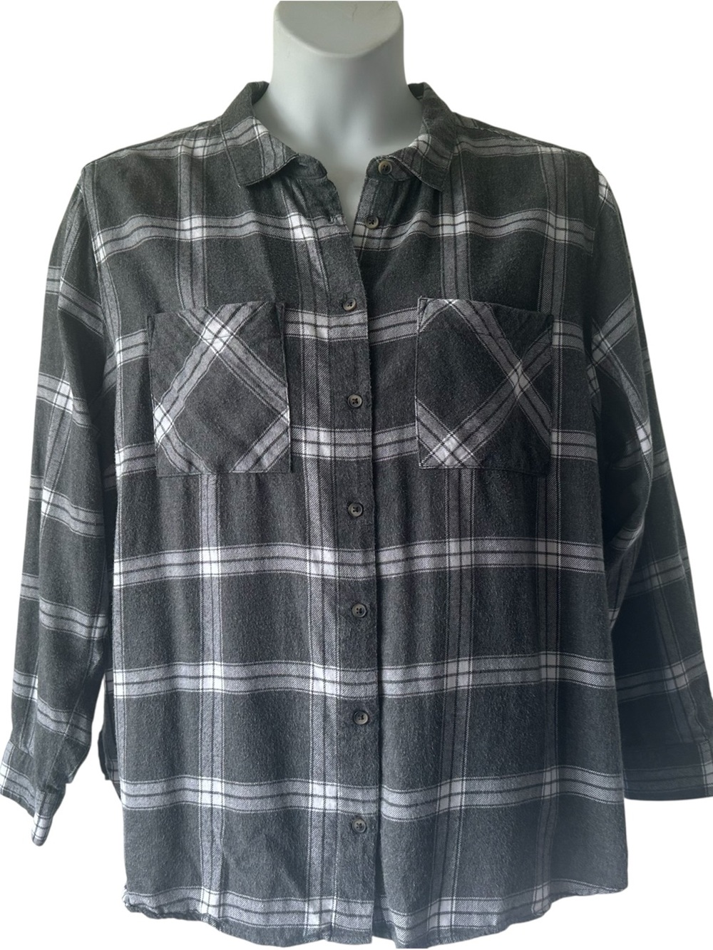 Organic Cotton Womens Dip Flannel Shirt Sz 2X Gray Plaid Outdoor Cabin Comfy